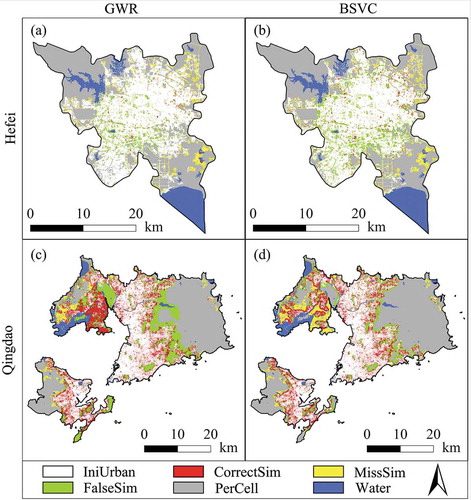 Figure 9. The 2018 simulation successes and errors for CAGWR and CABSVC with selected regions: (a) Hefei’ urban sprawl simulated by CAGWR; (b) Hefei’ urban sprawl simulated by CABSVC; (c) Qingdao’ urban sprawl simulated by CAGWR; and (d) Qingdao’ urban sprawl simulated by CABSVC.