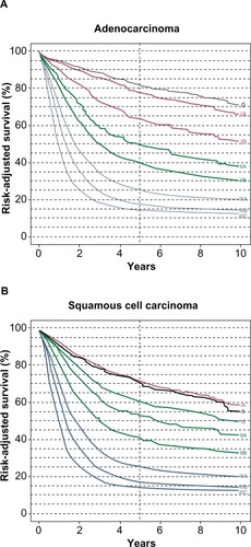 Figure 4 Risk-adjusted survival is illustrated for patients with adenocarcinoma (A) and squamous carcinoma (B) according to stage groups for the 7th edition of the American Joint Committee on Cancer/International Union Against Cancer cancer staging manuals. Reprinted from Rice TW, Rusch VW, Ishwaran H, Blackstone EH; for the Worldwide Esophageal Cancer Collaboration. Cancer of the esophagus and esophagogastric junction: data-driven staging for the seventh edition of the American Joint Committee on Cancer/International Union AgainstCancer Cancer Staging Manuals. Cancer. 2010;116(16):3763–3773.Citation60 With permission from John Wiley and Sons.