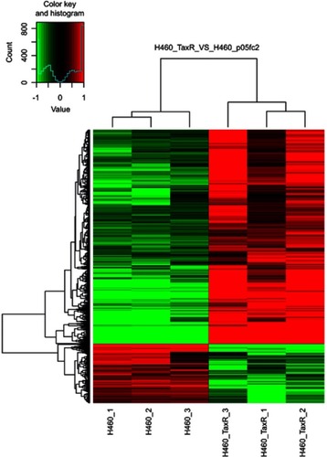 Figure 2 mRNA expression profiles in parental and paclitaxel-resistant NSCLC cells.Note: The heatmap from unsupervised hierarchical clustering showed mRNAs with high expression in red and mRNAs with low expression in green.