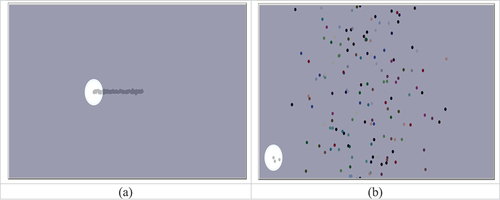 Figure 3. Screenshot example of the refugee problem. The agents (circles) are moving from left to right. (a) occurs when there is a strong desire for safety and (b) when speed is more desirable. The color of the agents shows which coalition they are currently a member.
