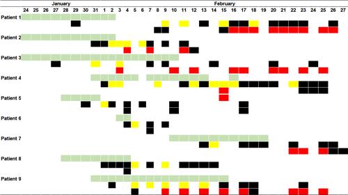 Figure 1 Timeline of symptoms onset and RT-PCR. Light green represents symptoms, yellow represents positive RT-PCR detection from respiratory samples, red represents positive RT-PCR detection from gastrointestinal samples, black represents negative RT-PCR detection.