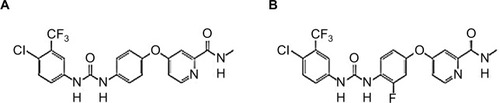 Figure 2 Chemical structure of Sorafenib (A) and Regorafenib (B).Note: The only structural difference between these two drugs is that regorafenib has a fluorine in the center phenyl ring.