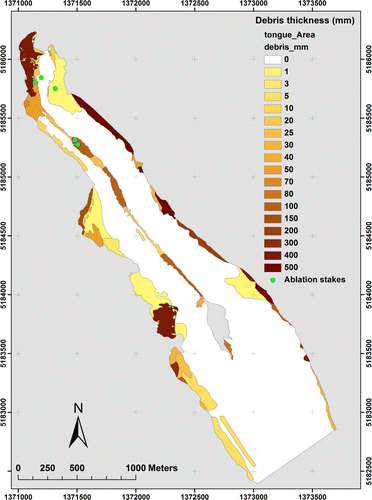 Figure 4  Map of debris thickness on the lower Franz Josef Glacier used to calculate percent reduction in ablation relative to ‘clean ice’ conditions (coordinate system: NZTM).