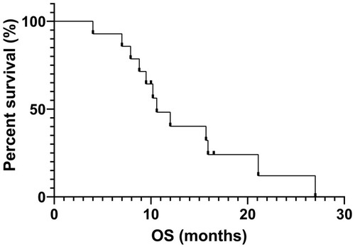Figure 4 Overall survival curve of 12 SqCLC patients showing an mOS of 10.6 months.