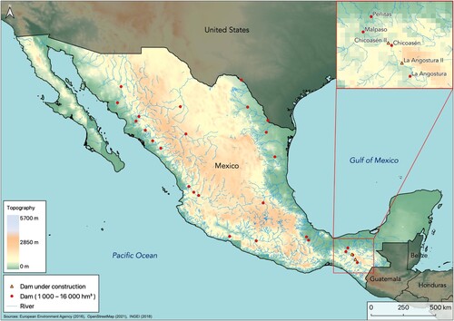 Figure 2. Large dams in Mexico with a focus on the Grijalva Basin (by Ohto Nygren. Sources: CONAGUA, Citation2015; INEGI, Citation2018).