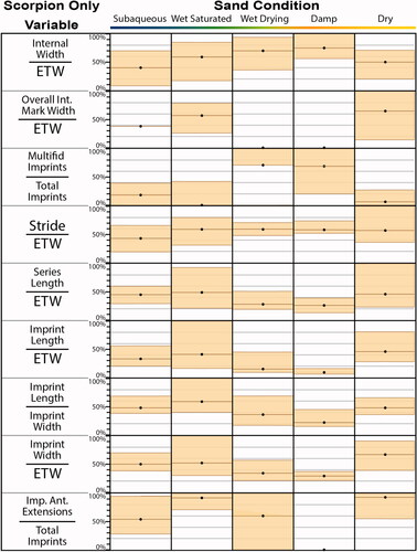 Figure 12. Range area charts showing ratio variable trends for scorpion trackways split by five sand conditions. The five conditions contain both flat and sloped trackways (as applicable), so variability due to slope is included in each condition. Shown, for each ratio in each condition, are the individual ratio values (%) for the analyzed trackway segments (ATS) having the maximum, median, and minimum ratio values in each condition. To better visualize how all the ratios vary together across conditions, the values are expressed as percentages (each value was divided by the maximum value amongst the experimental trackways for each ratio). Note that for OIMW/ETW, ATS without internal marks (i.e. OIMW/ETW = 0) were not included in calculations of percent values.