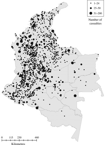 Figure 1 Prevalence of conflict events across Colombia, 1989–2016Note: Each dot is an event and a bigger size indicates more casualties in that event. Events in 2017 (n = 9) were excluded because they could not be linked to DHS data.Source: Author’s analysis of UCDP-GED data.