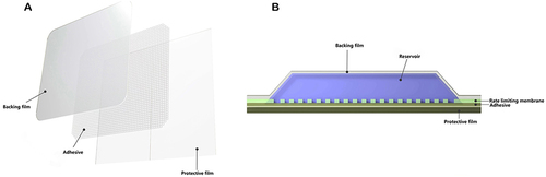Figure 1 Images show the two formulations of fentanyl transdermal patch, (A) Skeleton, and (B) Reservoir types.