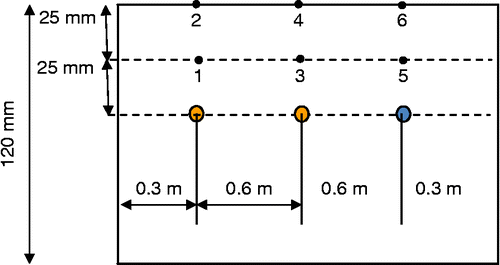 Figure 2 Copper tube frame inside slab and thermocouples on the slab (not to scale). Note: In this experiment, water was flown through only one of the three pipes – the one that is indicated by a blue filled circle.