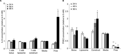 Figure 1 Effects of bupivacaine formulations on MSC secretion.Notes: Secretion levels quantified in cell culture supernatants collected from eMSCs treated for 24, 48, and 96 h with 1 mM of bolus, liposomal, or construct bupivacaine or untreated free MSC controls were normalized to the corresponding basal medium controls (0 mM). (A) The baseline IL-6 levels in the control conditions were 2,634.31±209.708, 4,895.86±903.733, and 4,471.72±848.621 for 24, 48, and 96 h, respectively. (B) The baseline PGE2 levels in the control conditions were 4,285.54±260.243, 10,500.9±2,493.81, and 8,367.78±2,160.59 for 24, 48, and 96 h, respectively. Secretions over time are expressed as mean ± SEM of n=6–11 independent observations. Statistically different (*P=<0.05 and **P<0.006) from all conditions at given time point.Abbreviations: eMSC, encapsulated MSC; h, hours; MSC, mesenchymal stromal cell; PGE2, prostaglandin E2; SEM, standard error of the mean.