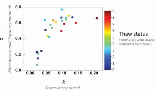 Figure 3. Relationship between decay rates (k) and decay curve asymptote (a) across the various thaw stages suggesting high variability across thaw stages and, in general, faster decay and more mass remaining at asymptote in more thawed plots