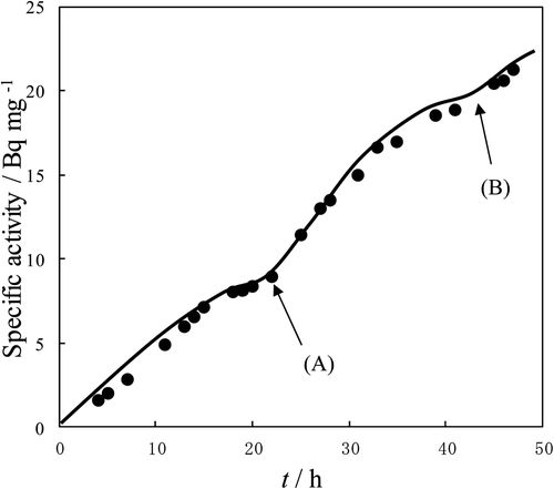 Figure 2. T specific activity vs. time for the reaction between l-aminobutyric acid and HTO vapor. Reaction temp: 25°C.