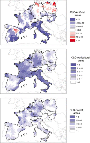 Figure 3.  Underestimation and overestimation of the soil sealing layer for three major CLC classes in percentage of the total area of the corresponding CLC class.