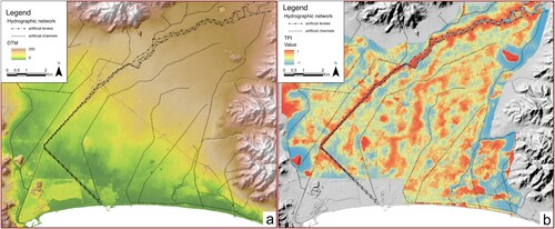 Figure 3. Remote geomorphological analysis conducted on LiDAR DTM: 3a) DTM histogram stretch; 3b) TPI raster.