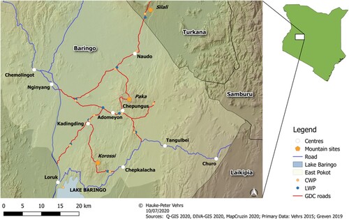 Figure 1. Map of Tiaty East and Tiaty West with new and upgraded roads, as well as LWPs and CWPs constructed by the GDC.