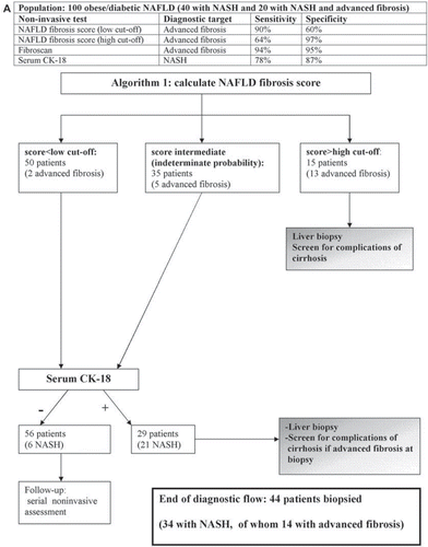 Figure 7. Proposed diagnostic algorithms combining non-invasive methods and liver biopsy. Algorithm 1 can be applied to any patient with NAFLD; algorithm 2 and 3 can be applied only to non-obese patients with NAFLD, since Fibroscan has limitations when BMI > 30 kg/m2. In the third algorithm Fibroscan is applied to patients with a low and intermediate score for fibrosis, which implies a wider availability of Fibroscan, has the advantage of individuating all patients with advanced fibrosis, but it biopsies more patients with simple steatosis than the first model (13 versus 10 patients).All models are conservative estimates of diagnostic performance of NAFLD fibrosis score and Fibroscan, i.e. they assume that all biopsied patients without advanced fibrosis in the first 2 steps have simple steatosis, not NASH, since the diagnostic performance of NAFLD fibrosis score and Fibroscan for detecting NASH is currently unknown.Explanation: Based on our meta-analysis, three sequential diagnostic algorithms are proposed to individuate NASH, with and without advanced fibrosis; such algorithms require further prospective evaluation in large-scale multicenter cohort studies.If a sample of 100 NAFLD subjects underwent a single LB, NASH would be found in 40 subjects, of which 20 would have advanced fibrosis (LB-to-all approach). In combined approaches, the first step should be the identification of patients with NASH and advanced fibrosis, requiring prompt gastroenterological referral. To this aim, NAFLD fibrosis score and Fibroscan may be combined with LB.If we apply NAFLD fibrosis score to our NAFLD sample, this would direct 15 patients (13 with advanced fibrosis) to biopsy and leave 50 patients with a low probability and 35 patients with an indeterminate probability. If patients are obese, then the next step would target NASH with CK-18 measurement. At the end of diagnostic flow, 44 patients would be referred for LB (algorithm 1).In non-obese subjects Fibroscan is reliable and accurate and may be applied after NAFLD fibrosis score to screen for advanced fibrosis patients with an indeterminate probability (algorithm 2) or with both an indeterminate and low probability (algorithm 3), depending on the local availability and experience.At the end of the diagnostic flow, algorithm 2 would direct 45 patients (25 NASH, of whom 18 with advanced fibrosis) to LB; algorithm 3 would direct 49 patients (35 NASH, of whom 20 with advanced fibrosis) to LB.