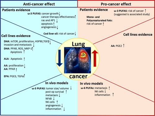 Figure 3. Illustrates a summary of this review of the anticancer and pro-cancer effects of ω-3 and ω-6 PUFAs evident in clinical patient studies (top two sections), in cell lines (middle two sections), and In Vivo models (bottom two sections).