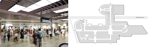Figure 5. Example workshop materials for to use the two cards decks during user-centred perspective-taking exercises. Right: A picture from the Orchard MRT (metro) station in Singapore (Credit: Panagiotis Mavros Citation2019), was used for egocentric perspective-taking. Left: A plan-view of a major shopping mall in Singapore, used as an example of complex public building which should accommodate the needs of diverse user groups, serves as a prompt for allocentric perspective-taking (Credit: Panagiotis Mavros Citation2019).