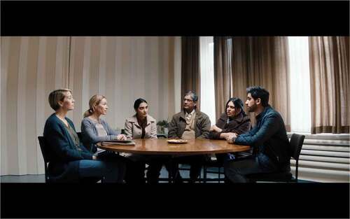 Figure 2. Nisha and her family in What Will People Say (Haq, Citation2017) are called for a meeting with two social workers (to the left) from the Norwegian Child Welfare Services. Screenshot reproduced with the permission of Mer film.