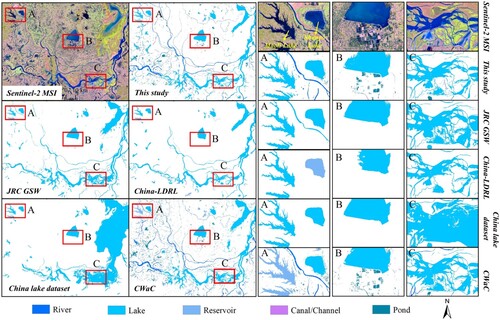 Figure 13. Comparison between various water-related products in 2020 over the DLW, with three close-up maps located in lakes, ponds and rivers.