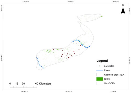 Figure 6. GDE map of the Khakea–Bray transboundary aquifer and borehole locations.