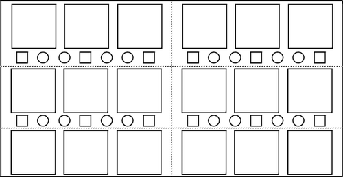 FIG. 2 Locations of samples on the settling surface. The circles are for agar plates and the large (0.30 m × 0.30 m) and small (0.1 m × 0.1 m) squares are for other sampling surfaces. The dotted lines indicate the six separate sample support shelves that can be moved individually.