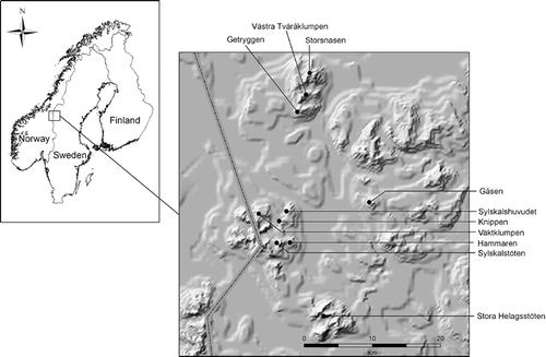FIGURE 1 Map of the study area with the location of the visited summits. The dashed line is the border between Norway and Sweden. The center of the area lies at 63°03′N, 12°29′E.