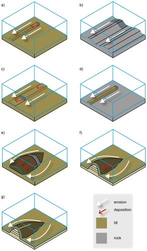 Figure 11. Schematic model for bedform formation (a) till flutes, (b) rock flutes, (c) composite flutes, (d) till flute on bedrock, (e) rock-cored drumlin, (f) erosional drumlin, (g) superimposition of smaller bedforms on larger bedforms.