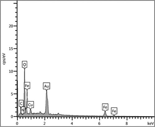 Figure 3. EDX spectrum of Fe3O4@starch/Cu nanocomposite.