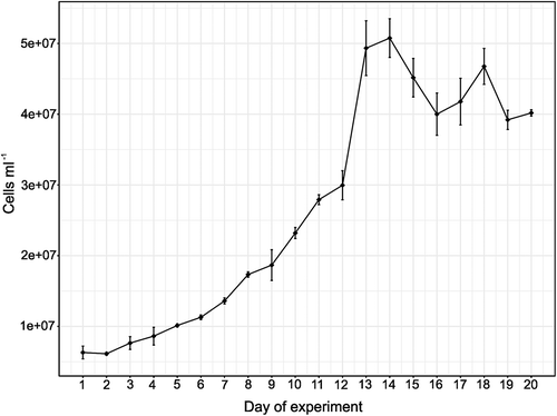 Fig. 7. Line graph of average Picochlorum sp. PMFPPE4 strain cell abundances with standard deviation measured by hemocytometer during over a period of 20 days