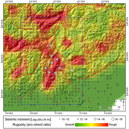 Figure 5. Distribution of the cumulative seismic moment from historical and 1994–2019 instrumental seismicity (CitationViganò et al., 2015; updated) and the arc–chord ratio rugosity index (5×5 km squares; CitationDu Preez, 2015). Major tectonic lineaments and studied landslides are also shown (codes as in Figure 1). The blue frame is the study area.