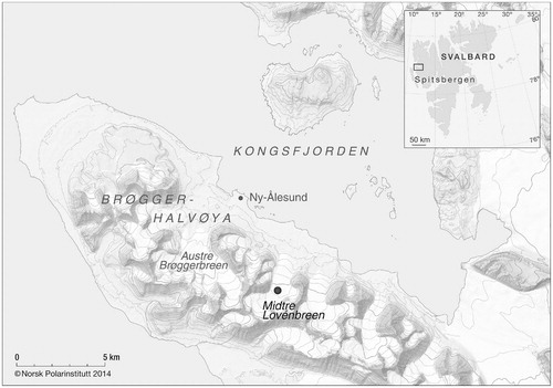FIGURE 1. Map of sampling location at Midtre Lovénbreen close to Ny-Ålesund, Svalbard (Norsk Polar Institute).