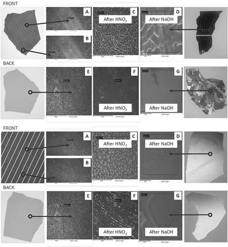 Figure 10. SEM-EDS analysis of a polycrystalline (top) and monocrystalline (bottom) Si cell samples.