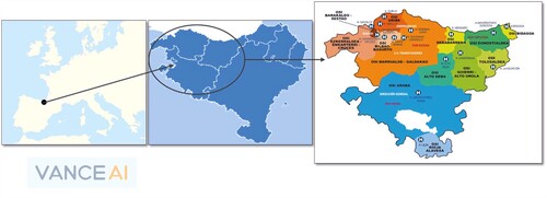 Figure 1. Location of the Basque Country in Europe, with the integrated health organizations (IHOs) spread along the Basque Autonomous Community.Source: irekia.euskadi.eus, Basque Government.