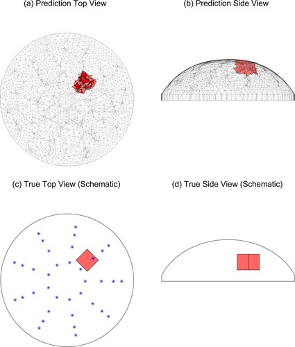 Figure 12. Predicted and true results for Tumour C, test 1. (‘*’ denotes the location of the indenter centres. Note that the vertical line in the middle of the tumour in (d) is the corner of the cube.)