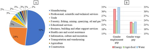 Figure 10. (A) Share of companies contributed to the scientific and technological development of pro-poor nanotechnology applications by industry; (B) Gender gap in employment and wage by different pro-poor applications.