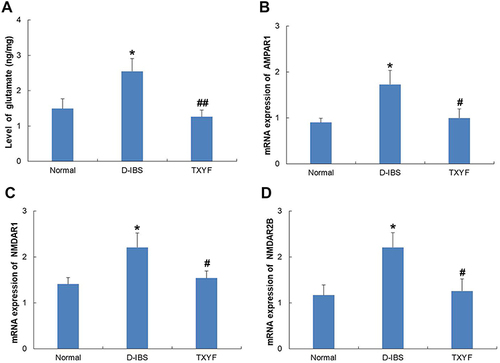 Figure 9 Effect of TXYF on the glutamate pathway in colon. (A) Level of glutamate; (B) Relative mRNA expression of AMPAR1; (C) Relative mRNA expression of NMDAR1; (D) Relative mRNA expression of NMDAR2B. *P < 0.05 vs Normal group, #P < 0.05, ##P < 0.01 vs D-IBS group. Data are presented as mean ± SEM (n=6).