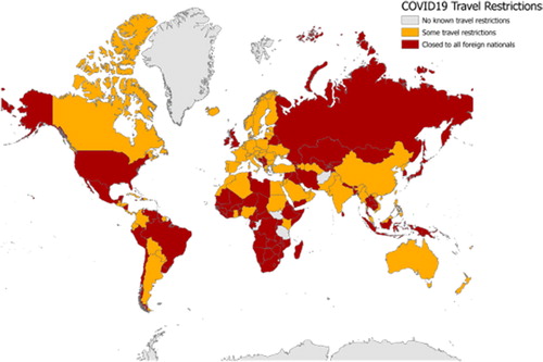 Figure 3. COVID-19 related global travel restrictions (as of 31 March). Data sources: Authors compiled from IATA (2020), International SOS Security Services (Citation2020), and country travel advisory/restriction websites on 31 March.