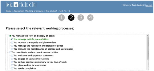 Figure 1. A screenshot of the assessment criteria selection page. Here, students select the relevant assessment criteria for their self-assessment. Students can select core tasks and working processes. Performance criteria are automatically retrieved from these choices and shown on the subsequent page (see Figure 2).