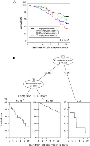 Figure 3 Risk factors for all-cause mortality. (A) Kaplan–Meier curves for all-cause mortality according to the CT emphysema score at baseline. (B) Classification tree produced by CART analysis of risk factors for all-cause mortality during the last 5 years.