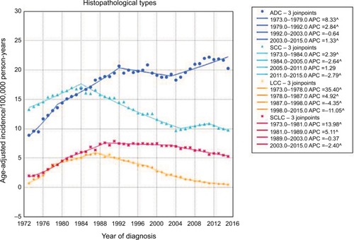 Figure 2 The trends in incidence of four main histopathological types of lung cancer from 1973 to 2015.Abbreviations: ADC, adenocarcinoma; APC, annual percentage change; LCC, large cell carcinoma; SCC, squamous cell carcinoma; SCLC, small cell lung cancer.