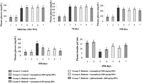 Figure 2. Effect of kaempferol on plasma glucose (Initial day, 7th days, 15th days, and 45th days)) and insulin (45th days) in STZ-diabetic rats. Values are given as means ± SD from six rats in each group. Values not sharing a common superscript differ significantly at P < 0.05. DMRT.