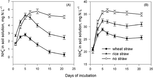 Figure 3  Effect of the addition of N on in the soil solution under the different straw treatments. (A) No N added and (B) 0.4 g urea kg−1 soil. Errors bar are standard error.