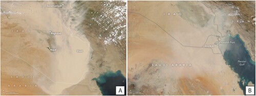 Figure 7. Natural-color images acquired by MODIS instruments carried by Terra and Aqua Satellites. Severe dust storms over Iraqi territory dated on 16 May 2022 (A) and 31 October 2017 (B). Images available online at NASA Earth Observatory (Citationn.a.) website (https://earthobservatory.nasa.gov/images)