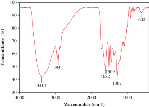 Figure 5. FTIR spectra of CuONPs synthesized from Piper betle leaf extract.