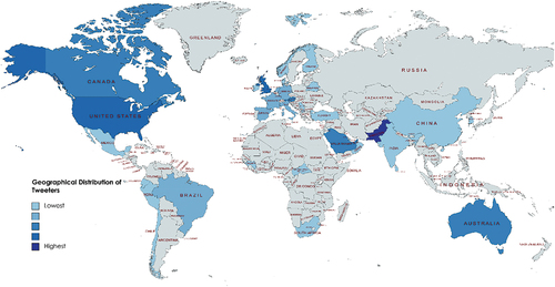 Figure 9. Geographical distribution of Twitter users tweeting SU Hassan publications.
