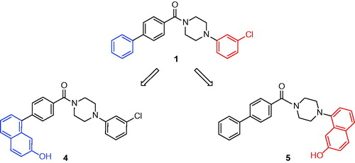 Figure 3. Synthesized compounds 4 and 5. In blue or in red are highlighted the portions of compound 1 that are substituted by a 7-hydroxynaphthalen-1-yl moiety in compounds 4 and 5.