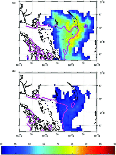 Fig. 4 Modelled maximum 8-hour average ozone exposure field (in ppb) over day 1 using Type I meteorology (24 June 2006) for (a) 1985 emissions and (b) 2005 emissions. Also shown is the predicted VOC/NOx ridgeline based on the [O3]/[NOy] ratio (magenta) and the fixed monitoring network station locations (black squares).