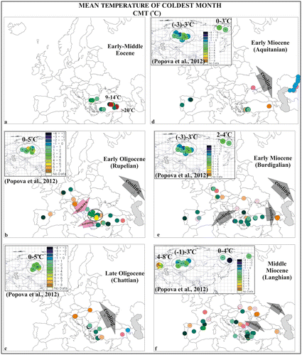 Figure 6. Mean annual coldest month in Europe and Anatolia: (a) Eocene, (b) Rupelian, (c) Chattian, (d) Aquitanian, (e) Burdigalian and (f) Langhian and legend of Figure 9.