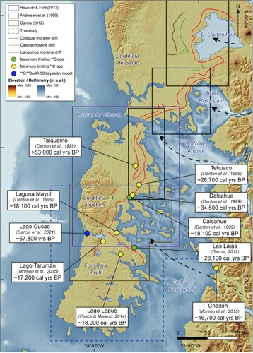 Figure 2. ALOS PALSAR digital elevation model presenting the approximate extent of the major glacial limits in the Chilean Lake District and Isla Grande de Chiloé according to CitationAndersen et al. (Citation1999) and CitationGarcía (Citation2012). The GEBCO 2019 bathymetry of the Chilotan Inner Sea is also shown. Most constraining radiocarbon ages (CitationDenton et al., Citation1999; CitationGarcía, Citation2012; CitationMoreno et al., Citation2015) and recent Bayesian-modelled age based on composite 14C, 10Be and infrared stimulated luminescence (CitationGarcía et al., Citation2021) of the Golfo Corovado ice lobe activity. Green dots indicate close maximum-limiting 14C ages for glacial advances. Yellow dots represent close minimum-limiting 14C for glacial advances. Dark blue dot points the deposition age of the upper Lago Cucao outwash terrace. Radiocarbon ages have been recalculated using the calibration curve from CitationHogg et al. (Citation2020). From north to south, black dashed arrows indicate the inferred ice flow of the Lago Llanquihue, Seno Reloncaví, Golfo Ancud and Golfo Corcovado ice lobes.